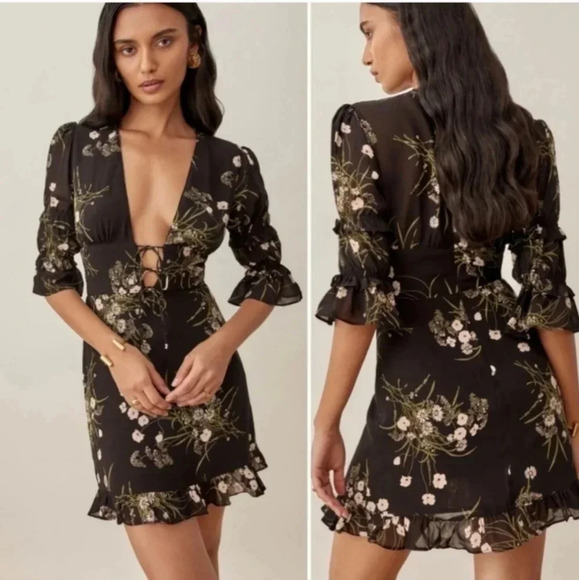Reformation Black Mini Dress Laurelei Floral Cottagecore Deep V Size 0